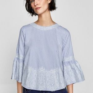 Zara Striped Blue & White Blouse with Lace Detail